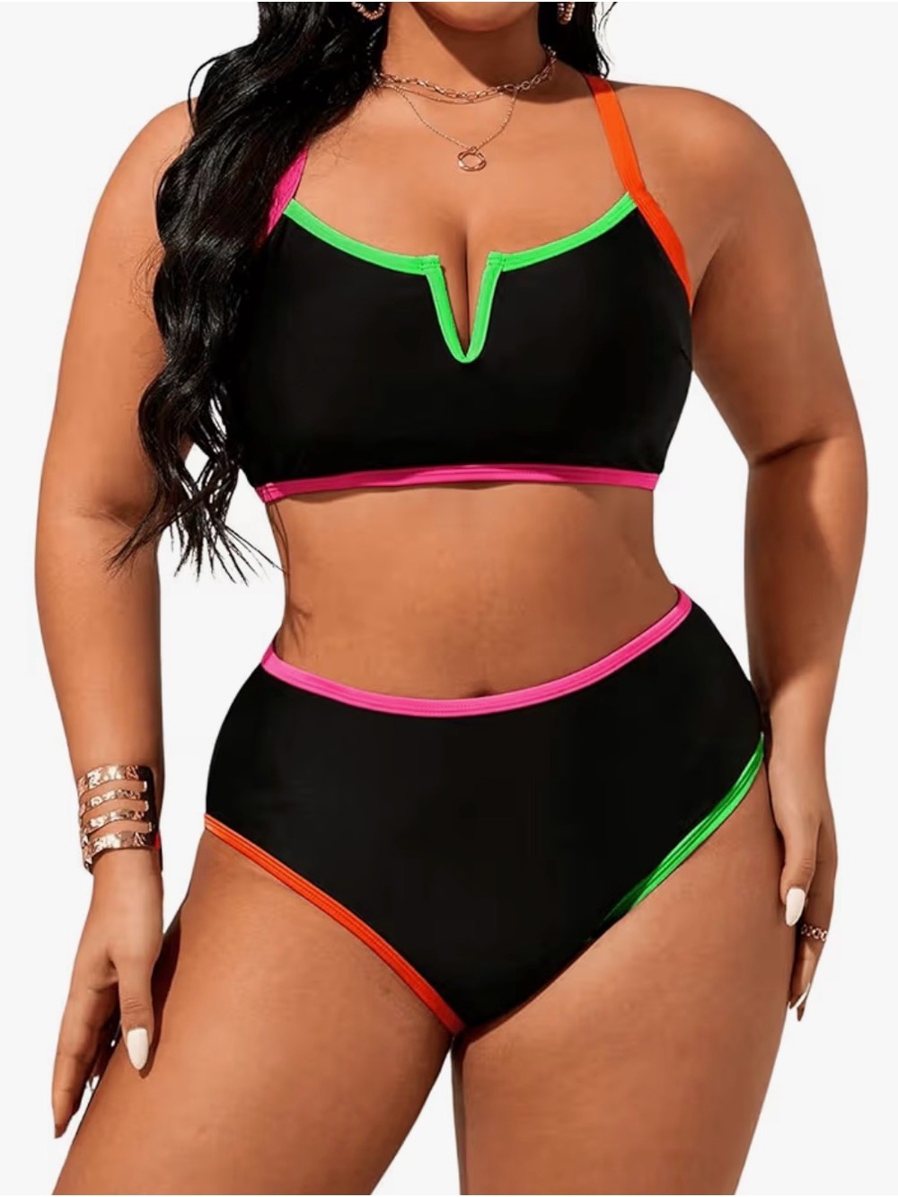 Cupshe large Black Colorblock High-Waist Bikini Set with Neon Trim